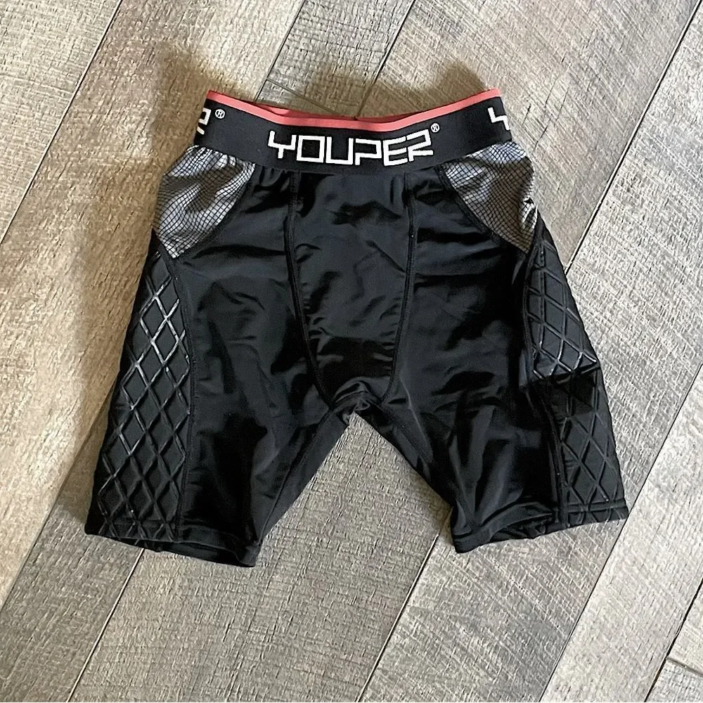 New! Youper Youth Elite Padded, Compression Sliding Pants, Black and Gray. Small